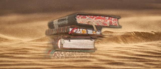largely decorative: Old books superimposed on desert